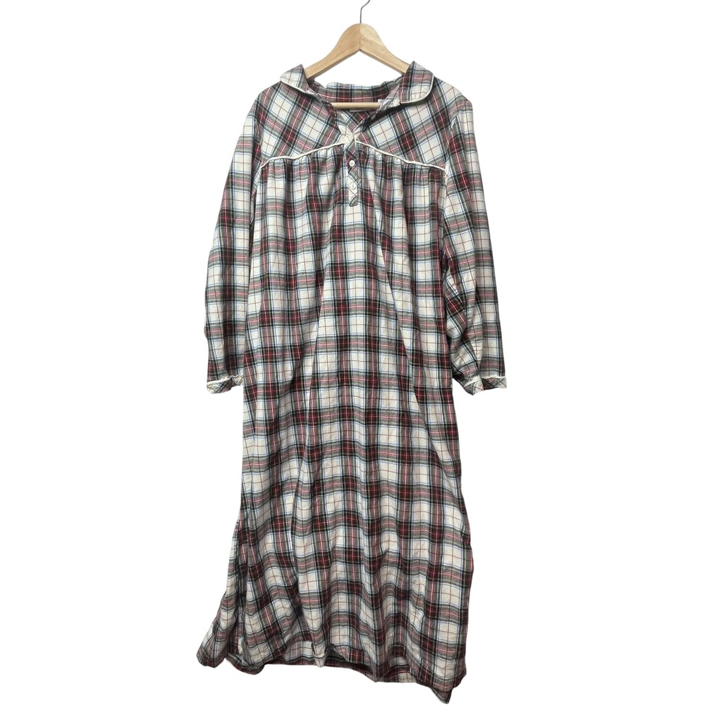 LL Bean Womens XL Flannel Nightgown Red White Blue Plaid 100% Cotton